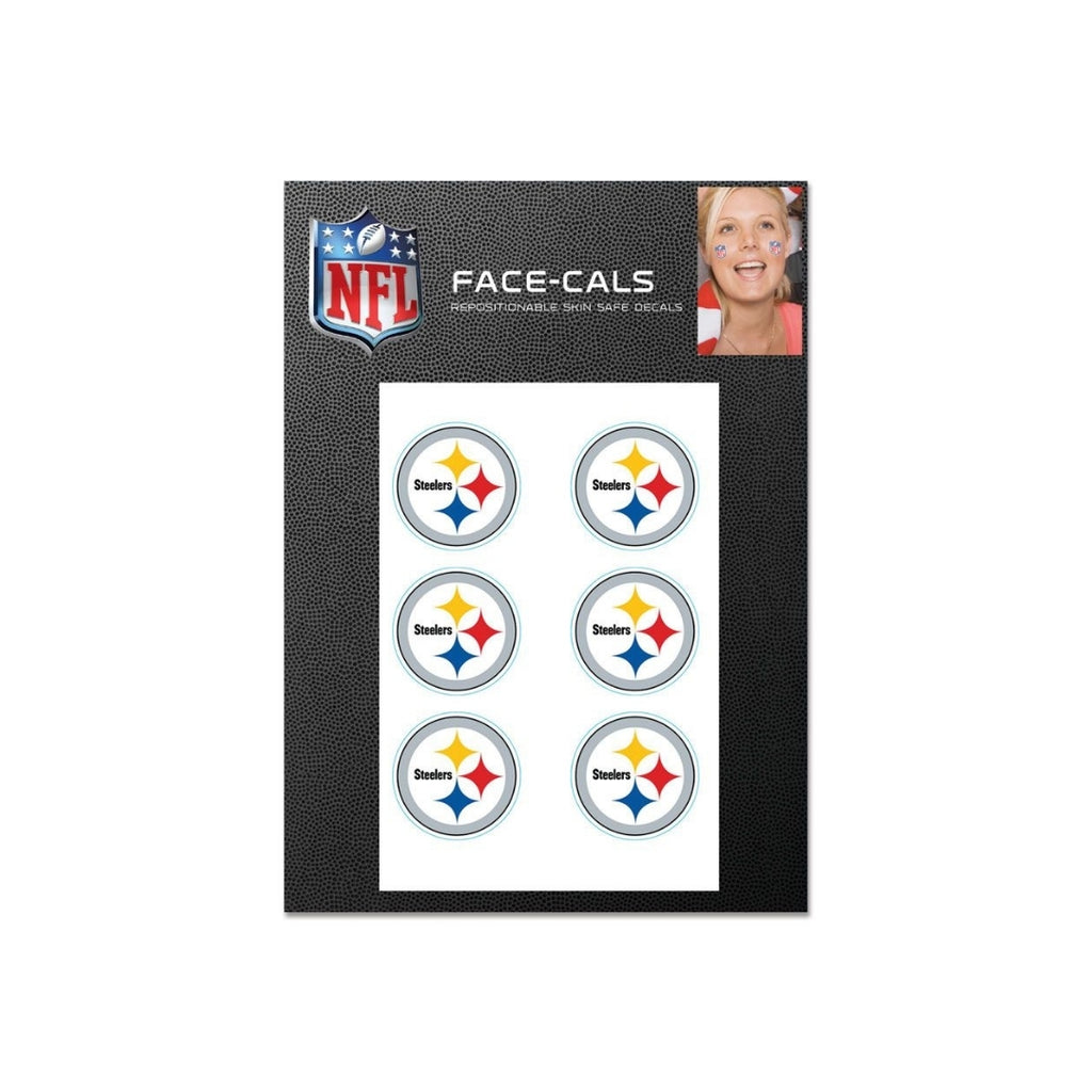 A sheet of six circular Wincraft Face Cals featuring the Pittsburgh Steelers logo, shown on NFL-branded packaging with a photo of a person smiling and wearing one decal on their cheek.