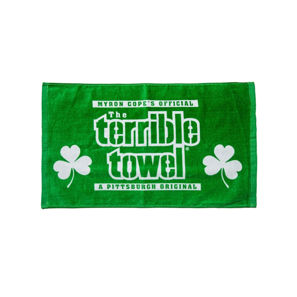 The Terrible Towel® Green St Patricks features two white shamrocks and bold white text reading Myron Copes Official The Terrible Towel - A Pittsburgh Original.