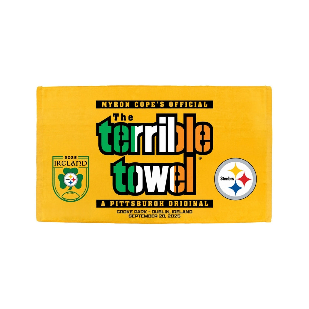 The Little Earth Terrible Towel® Ireland Gameday is a yellow Steelers keepsake with black, green, and orange text, team logos, a 2025 Ireland rugby logo, and Croke Park Dublin event details.