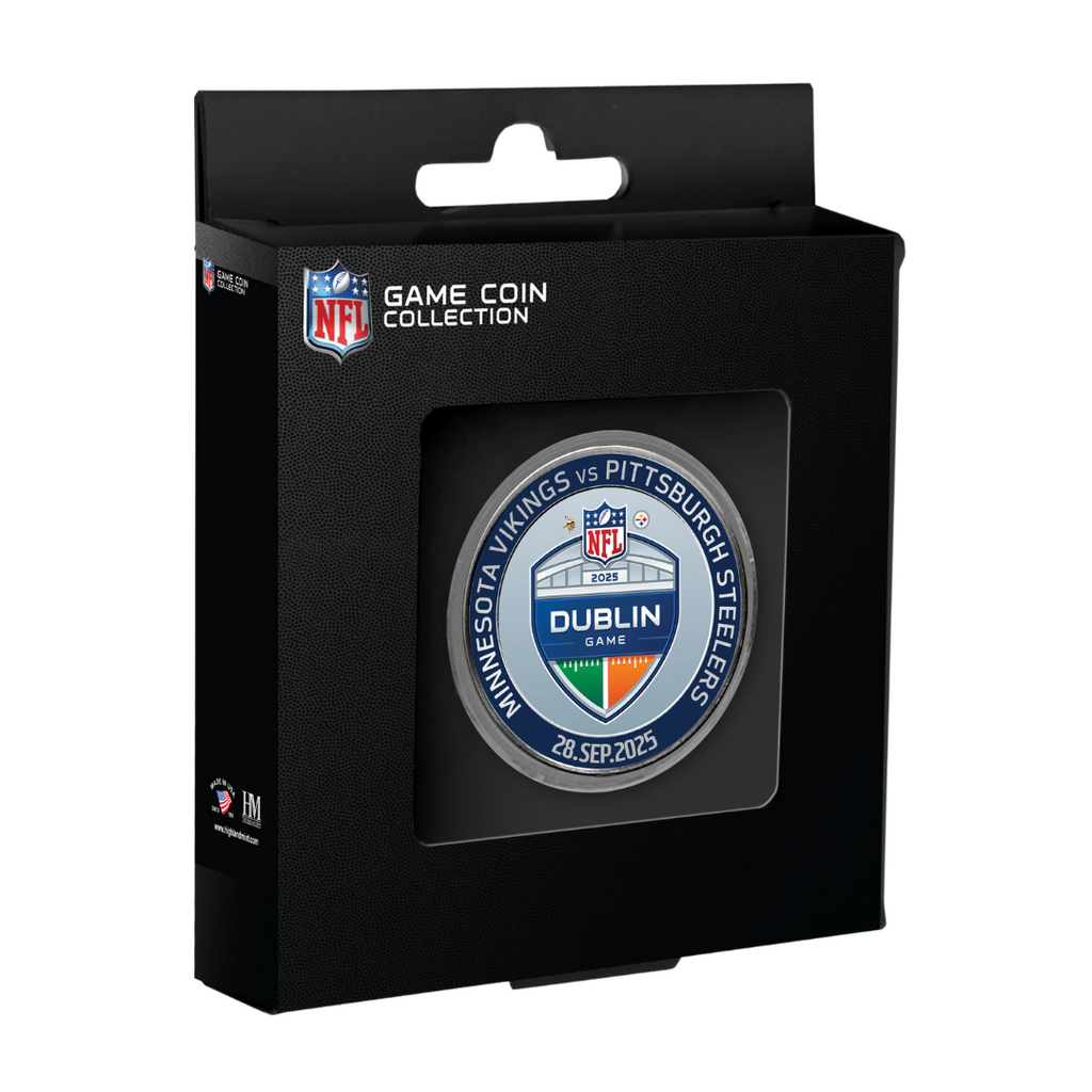 The Game Coin Collection from Pittsburgh Steelers Europe Shop comes in sleek black packaging, commemorating the Vikings vs. Steelers game in Dublin on Sept 29, 2025—perfect for collectors and fans.