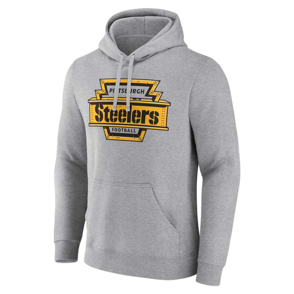 The Pittsburgh Steelers Hot Route Hoodie is a gray men’s pullover with a front pocket and bold yellow and black Steelers Football graphic—perfect standout apparel for dedicated fans.