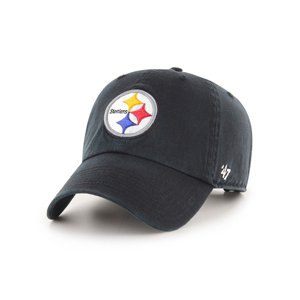 The Pittsburgh Steelers Brand '47 Clean Up Cap in black by 47 brand features the Steelers logo on the front and a small 47 logo on the left side.
