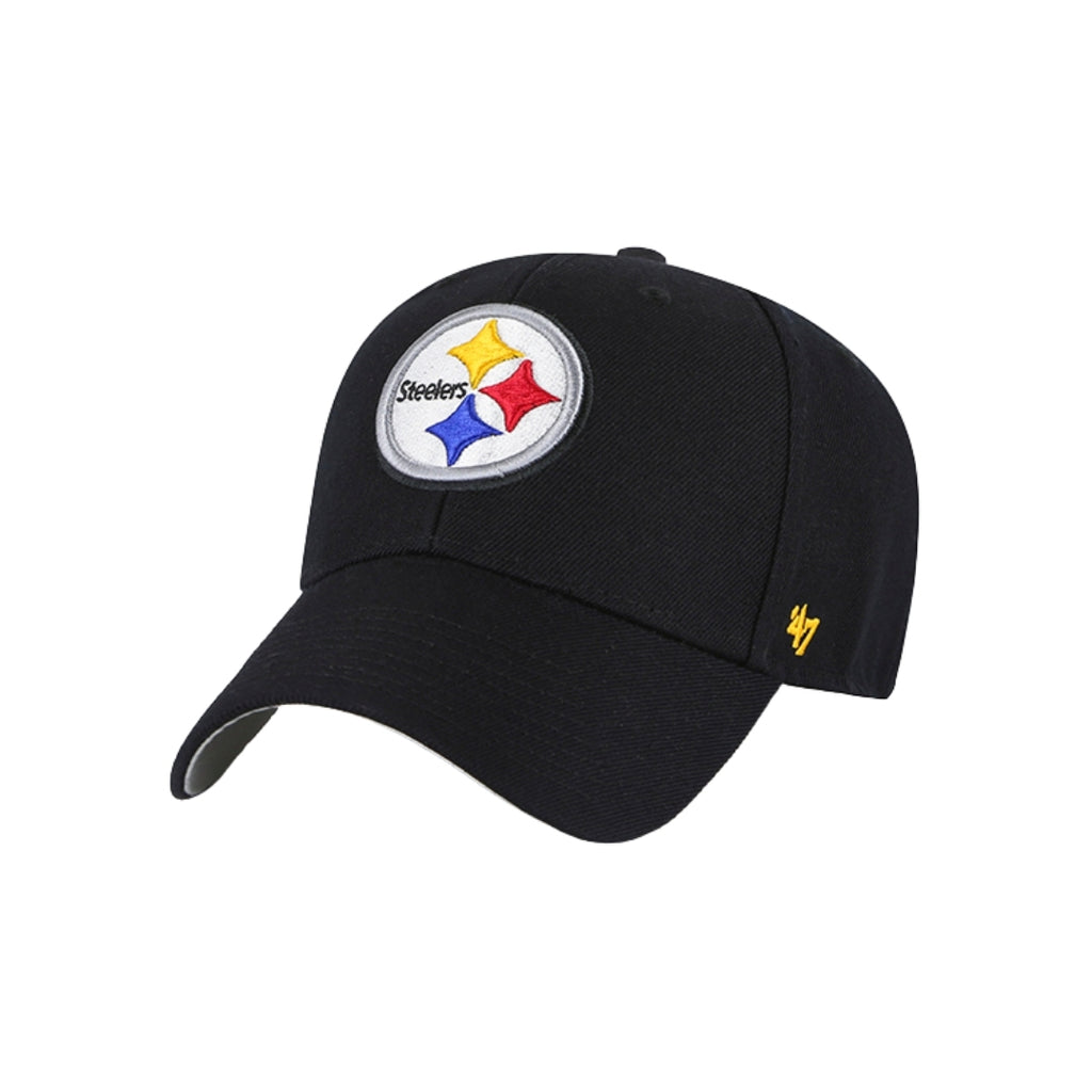 The Pittsburgh Steelers 47 MVP Adjustable Black Cap by 47 Brand features the Steelers logo on the front and a small yellow 47 logo on the left side.