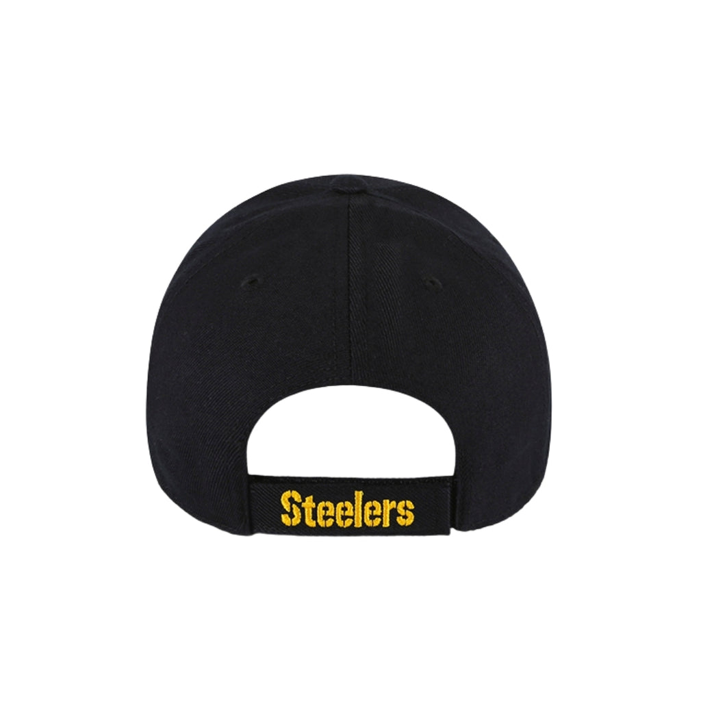 Back view of the Pittsburgh Steelers 47 MVP Adjustable Black Cap by 47 brand, featuring an adjustable strap with Steelers stitched in yellow.