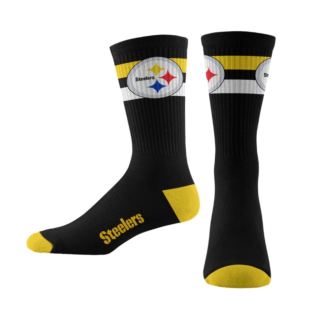 The For Bare Feet Team Color 2 Stripe Tube Sock is a black pair featuring yellow toes and heels, with the Pittsburgh Steelers logo near the top and the team name in yellow on the sides.