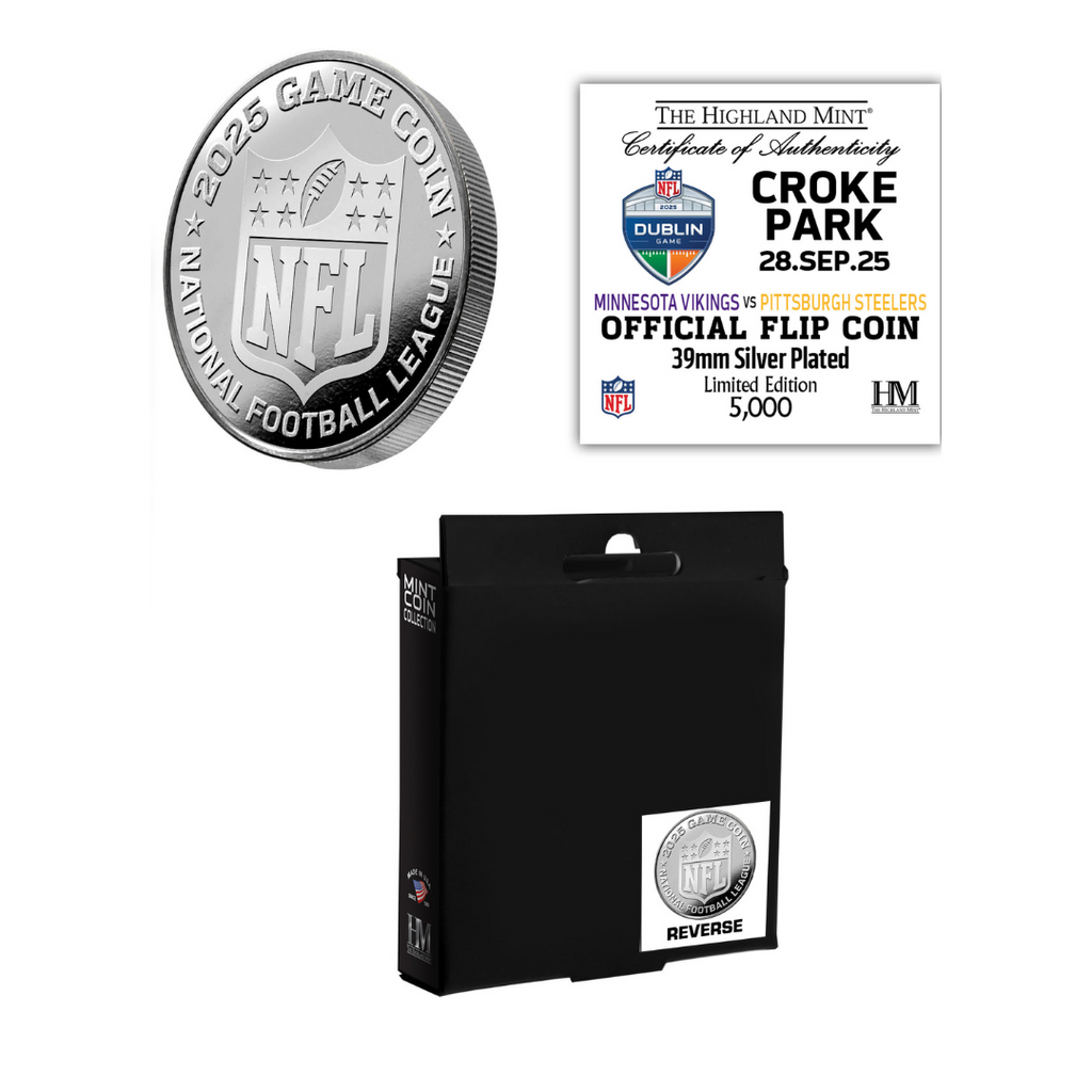 The Pittsburgh Steelers Europe Shop’s Game Coin Collection features a silver-plated 39mm coin with certificate and display box, commemorating the 2025 Vikings vs. Steelers Croke Park game. Limited to 5,000 pieces.