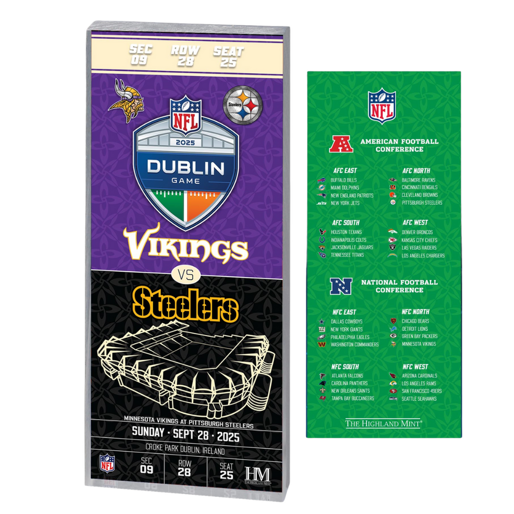 The Pittsburgh Steelers Europe Shop’s Game Ticket Collection features a commemorative 2025 NFL Dublin Game ticket—Vikings vs. Steelers on September 28—with a stadium illustration and NFL conference team lists on a green background.