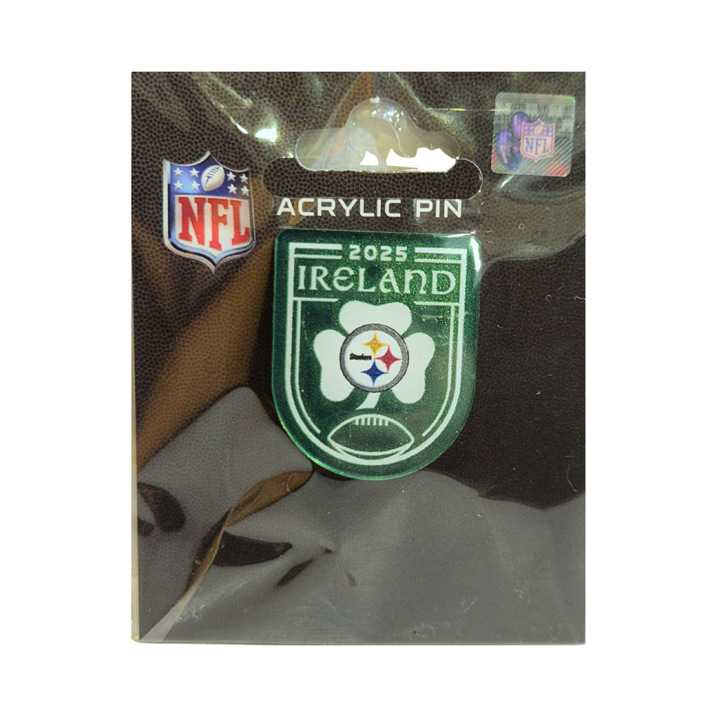 The Wincraft Acrylic Pin Ireland 2025 features a green football field, Ireland 2025 text, and the Pittsburgh Steelers logo in the center, displayed on a card with the NFL logo.