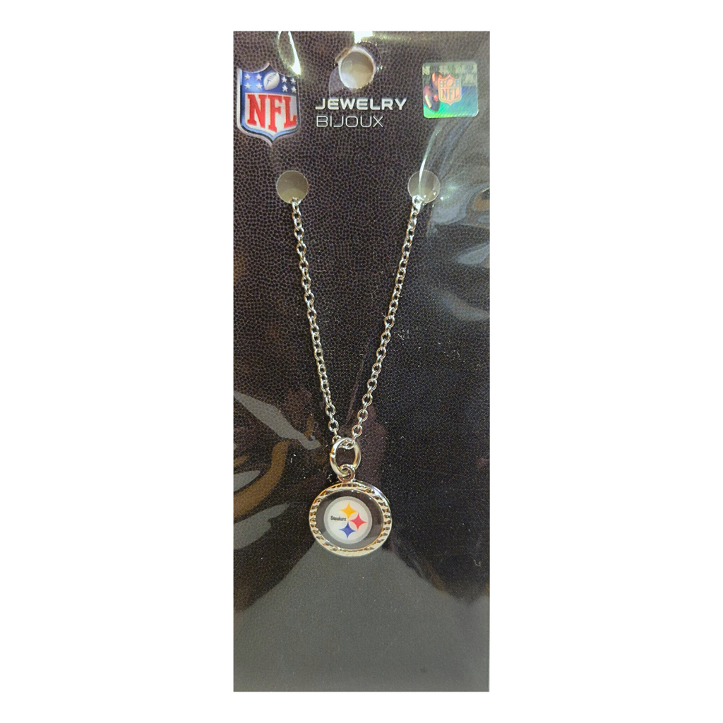 Wincraft Necklace Charm Carded features a circular Pittsburgh Steelers pendant on a black jewelry card with JEWELRY BIJOUX text and the official NFL logo at the top.