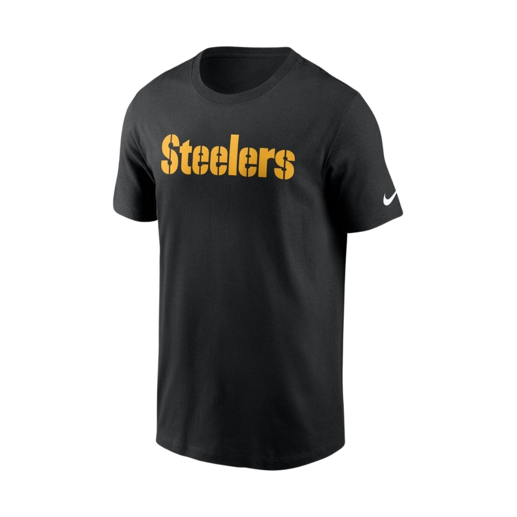 The Nike Pittsburgh Steelers Wordmark Essential Black T-Shirt features bold yellow Steelers lettering across the chest and a white Nike logo on the left sleeve.