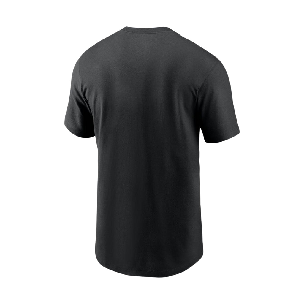 The back view of the Pittsburgh Steelers Nike Wordmark Essential Black T-Shirt by Nike, displayed against a white background.