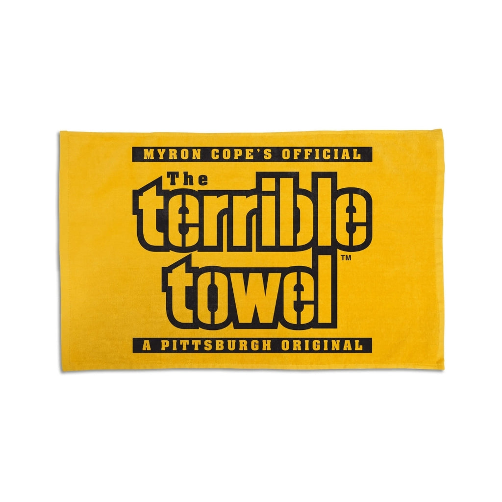 The Terrible Towel® Original by Terrible Towel® is a yellow towel with bold black “Myron Cope’s Official The Terrible Towel A Pittsburgh Original” text—official NFL Steelers merchandise, displayed on a white background.