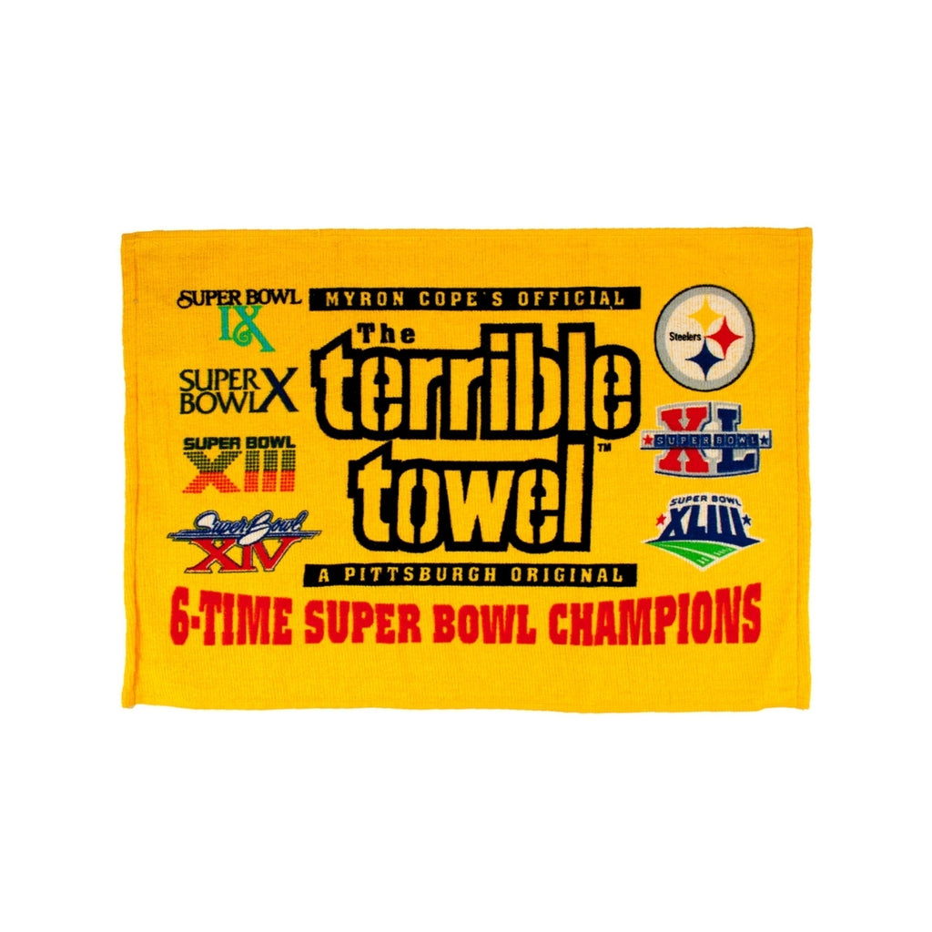 The Little Earth Terrible Towel® 6-TIME Super Bowl Champs is a yellow towel featuring the Pittsburgh Steelers logo, six Super Bowl logos, and “Myron Copes Official The Terrible Towel, A Pittsburgh Original.”.