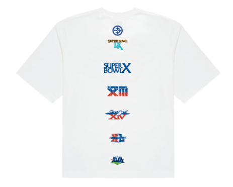 The Emporium Quad Hypocycloid S/S T-Shirt (White) from Pittsburgh Steelers Europe Shop features colorful Super Bowl logos arranged vertically on the back, each representing a different Super Bowl event.