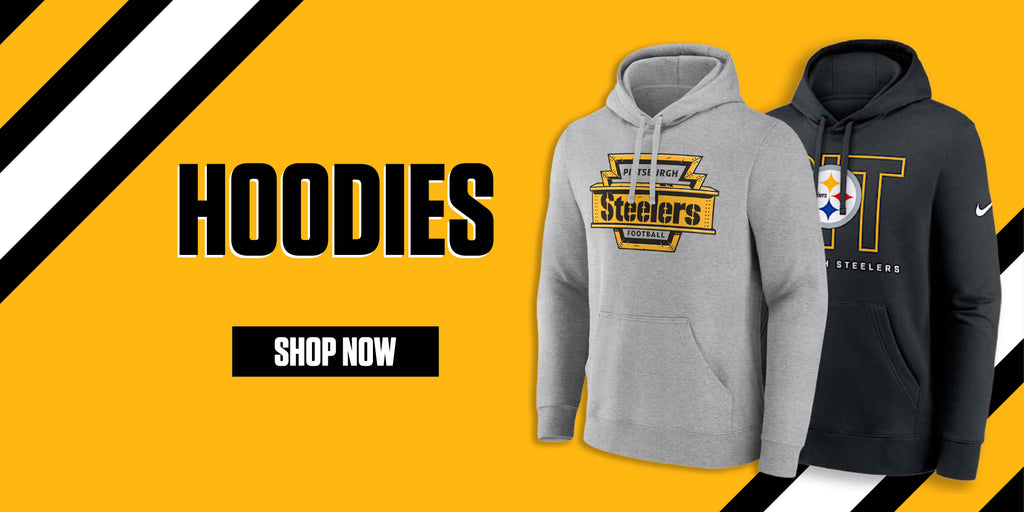 Two Pittsburgh Steelers hoodies, one grey and one black, are displayed next to the text HOODIES and a SHOP NOW button on a yellow and black background with diagonal white stripes.