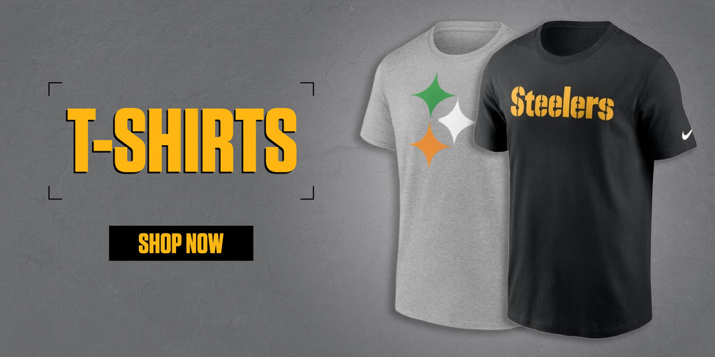 Two t-shirts are displayed: one gray with colorful star shapes and one black with the word Steelers in yellow. The text T-SHIRTS and SHOP NOW appear on the left against a gray background.
