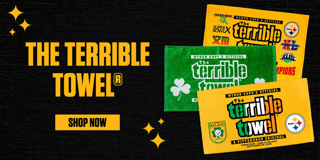 Three versions of the Terrible Towel are displayed on a black background with yellow stars. Large text reads The Terrible Towel®. A yellow Shop Now button is underneath the text.