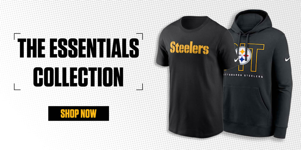 Two Pittsburgh Steelers apparel items—a black t-shirt with Steelers in gold and a black hoodie with PIT and the team logo—are displayed next to text reading The Essentials Collection and a Shop Now button.