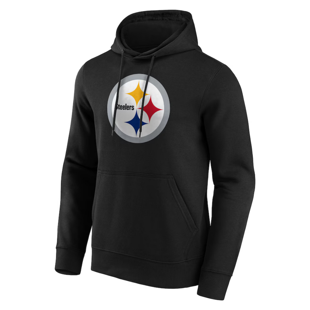 The Pittsburgh Steelers NFL Hoodie Black from the Pittsburgh Steelers Europe Shop features the team logo on the chest, a front kangaroo pocket, and hood with drawstrings.