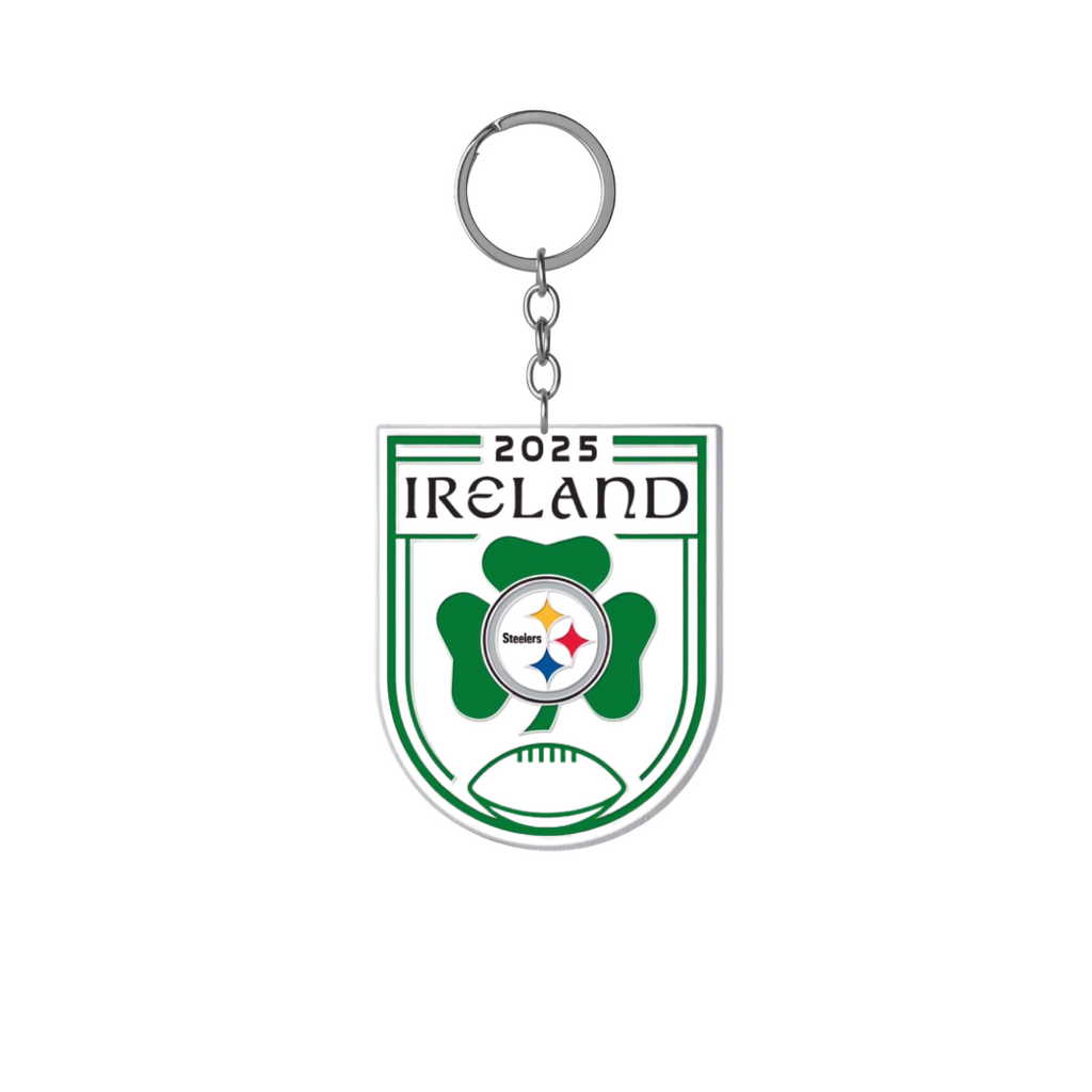 The Keyring Steelers Ireland 25 from Pittsburgh Steelers Europe Shop features a green and white shield with 2025 Ireland, a shamrock, a football, and the Steelers logo in the center.