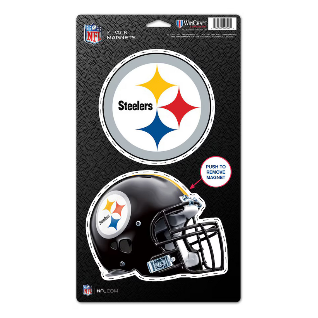 A Wincraft Magnet 2PK featuring Pittsburgh Steelers logo and helmet designs, displayed on black packaging.