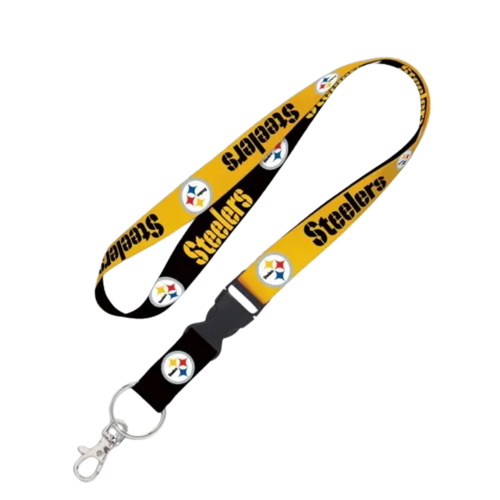 The Wincraft Lanyard Black and Gold features Pittsburgh Steelers team name and logo, a metal clip, and a detachable buckle.
