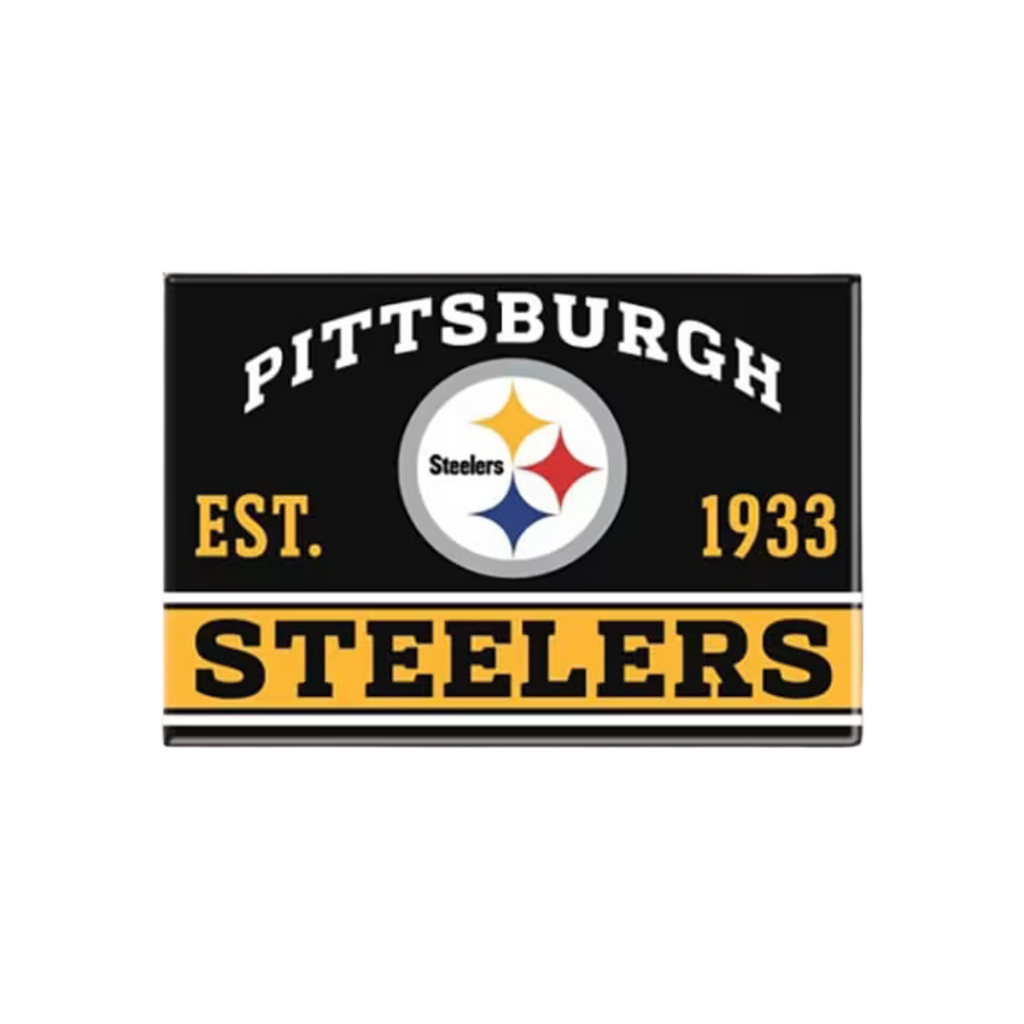 The Wincraft Magnet Metal Est 1933 features the Pittsburgh Steelers logo, “PITTSBURGH EST. 1933” in white and yellow, centered logo, and a bold yellow STEELERS band at the bottom on black.