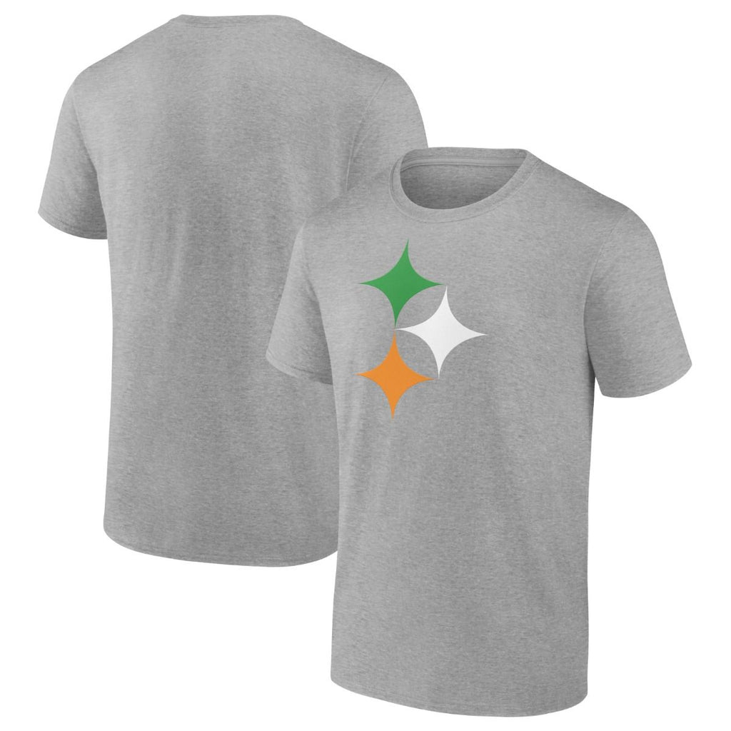 The Emporium Pittsburgh Steelers Irish Stars T-Shirt is a gray short-sleeve tee with green, white, and orange diamond stars on the front in a triangle pattern, inspired by the Irish flag. The back is plain—ideal for Steelers fans.