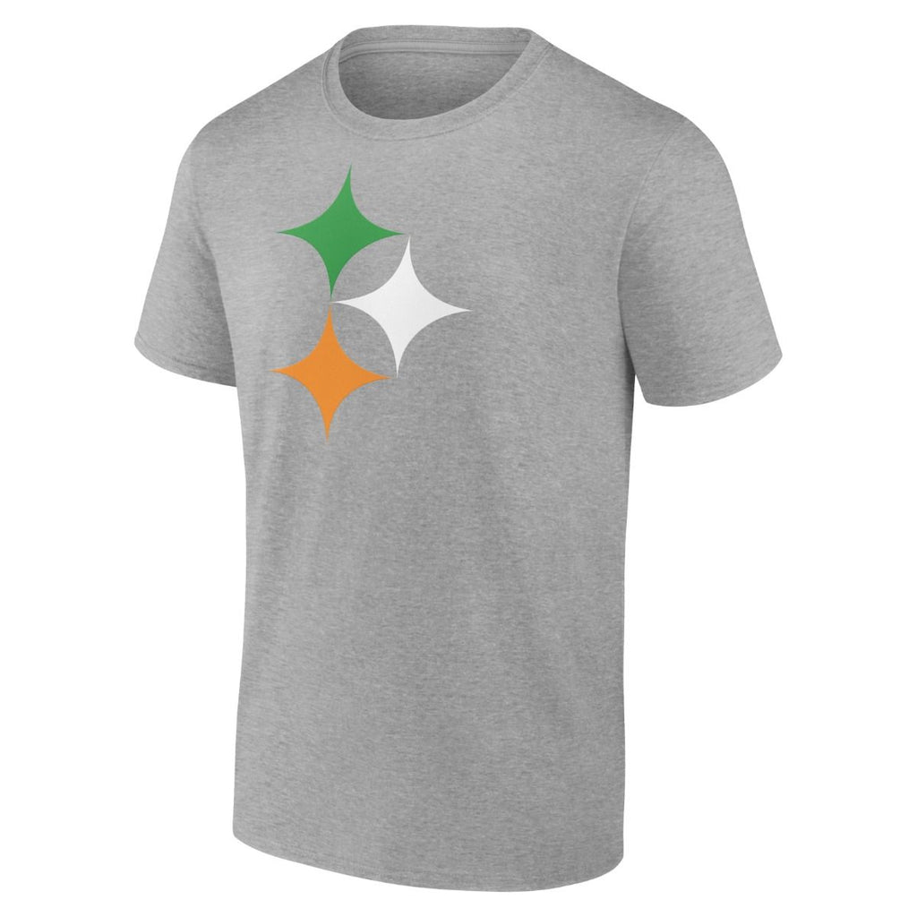 Show your Steelers pride with the Emporium Pittsburgh Steelers Irish Stars T-Shirt, featuring green, white, and orange diamond-shaped stars on a gray short-sleeve tee—an Irish-inspired twist on a classic fan favorite.
